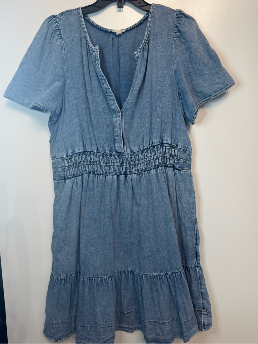 Pilcro Anthropologie XL Chambray Denim Mini Dress Puff Sleeve Smocked Waist Boho